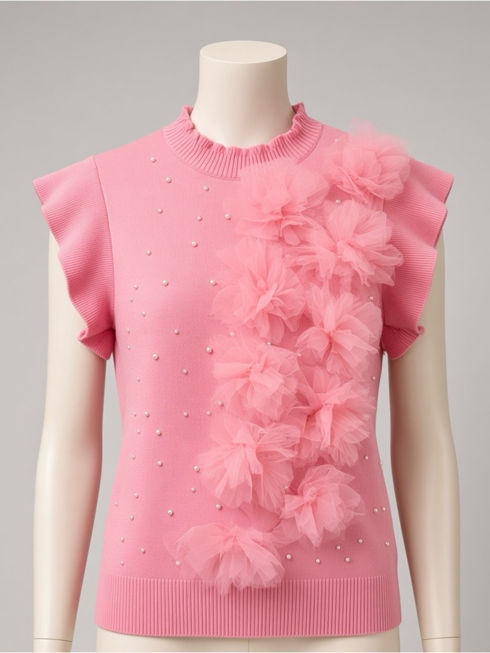 onTwelfth Pink Pearl Sweater L Runs Small S M Tulle Floral Coquette Knit Barbie